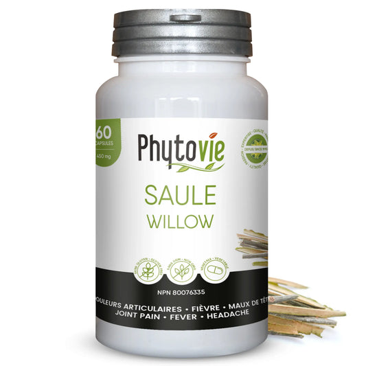 Capsules de saule Phytovie, supplément naturel utilisé pour aider à soulager les douleurs articulaires, la fièvre et les maux de tête