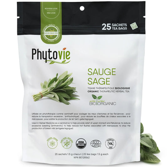 Tisane de sauge en 25 sachets sur fond blanc avec feuilles de sauge, plante naturelle reconnue pour soutenir la digestion, l’équilibre hormonal et le bien-être