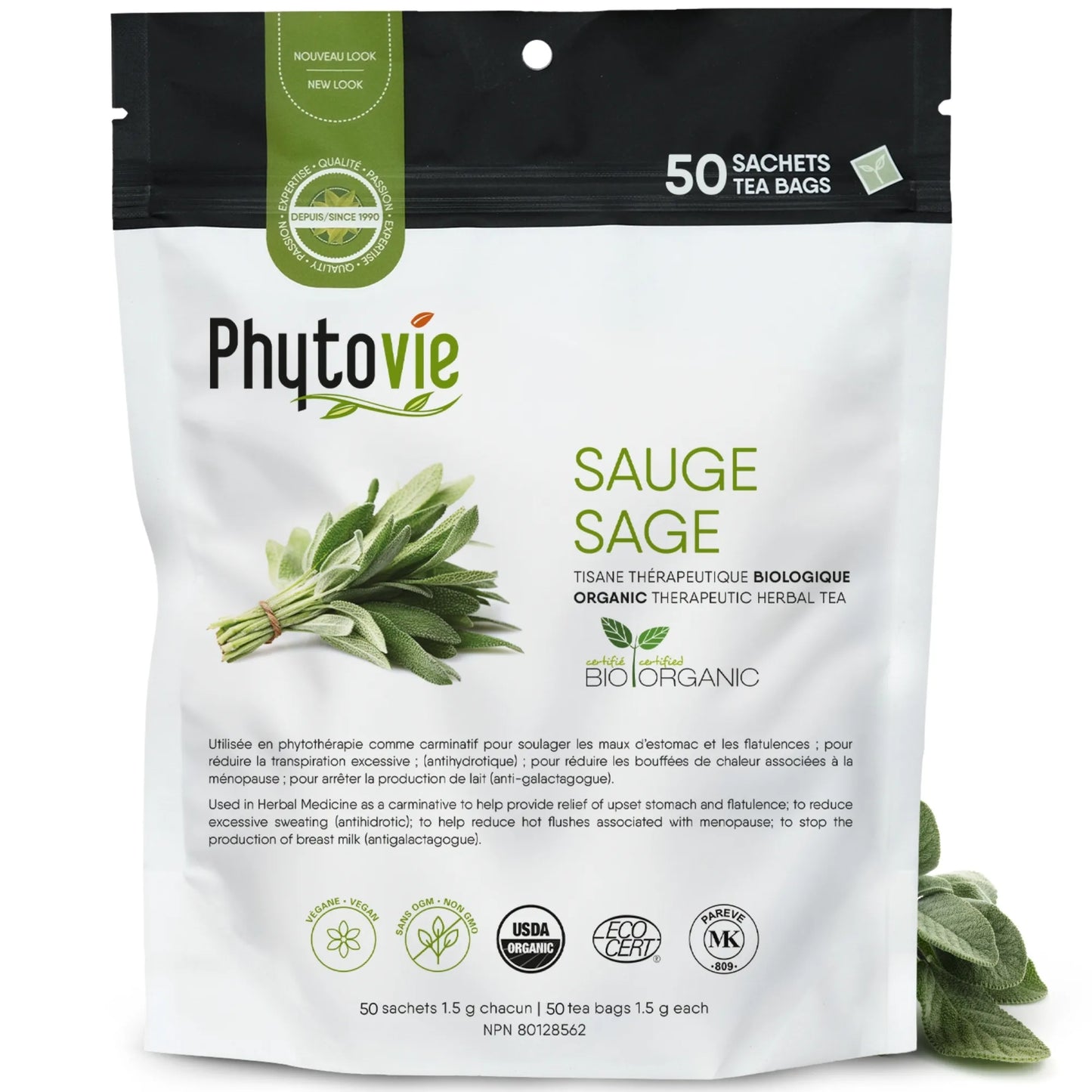 Tisane de sauge en 50 sachets sur fond blanc avec feuilles de sauge, plante naturelle reconnue pour soutenir la digestion, l’équilibre hormonal et le bien-être