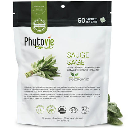 Tisane de sauge en 50 sachets sur fond blanc avec feuilles de sauge, plante naturelle reconnue pour soutenir la digestion, l’équilibre hormonal et le bien-être