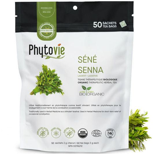 Tisane de séné biologique Phytovie en sachets sur fond blanc, infusion traditionnelle utilisée pour soulager la constipation occasionnelle