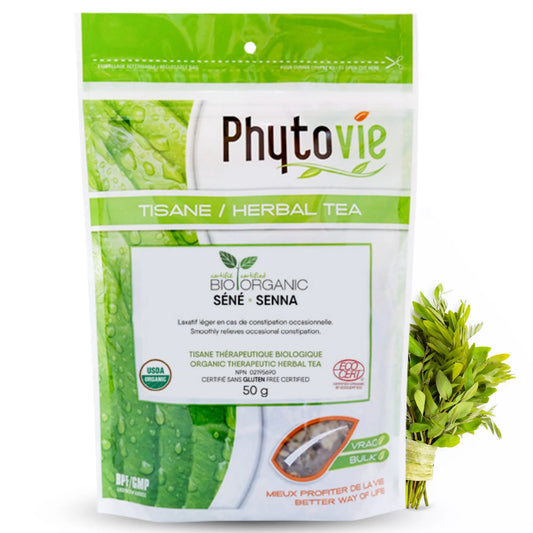 Tisane de séné biologique Phytovie en vrac sur fond blanc, infusion traditionnelle utilisée pour soulager la constipation occasionnelle