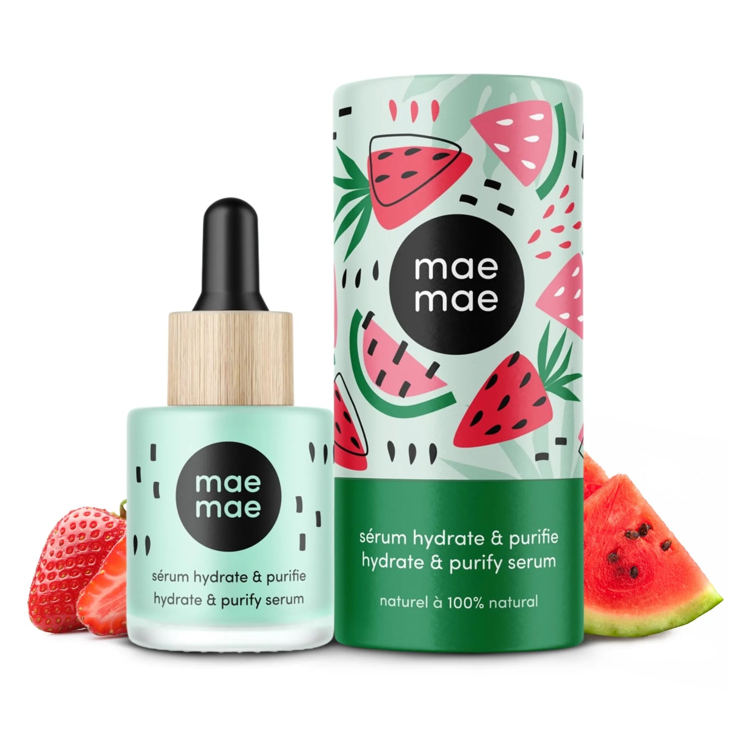 Sérum hydrate et purifie fraise et melon d’eau mae mae sur fond blanc avec fruits