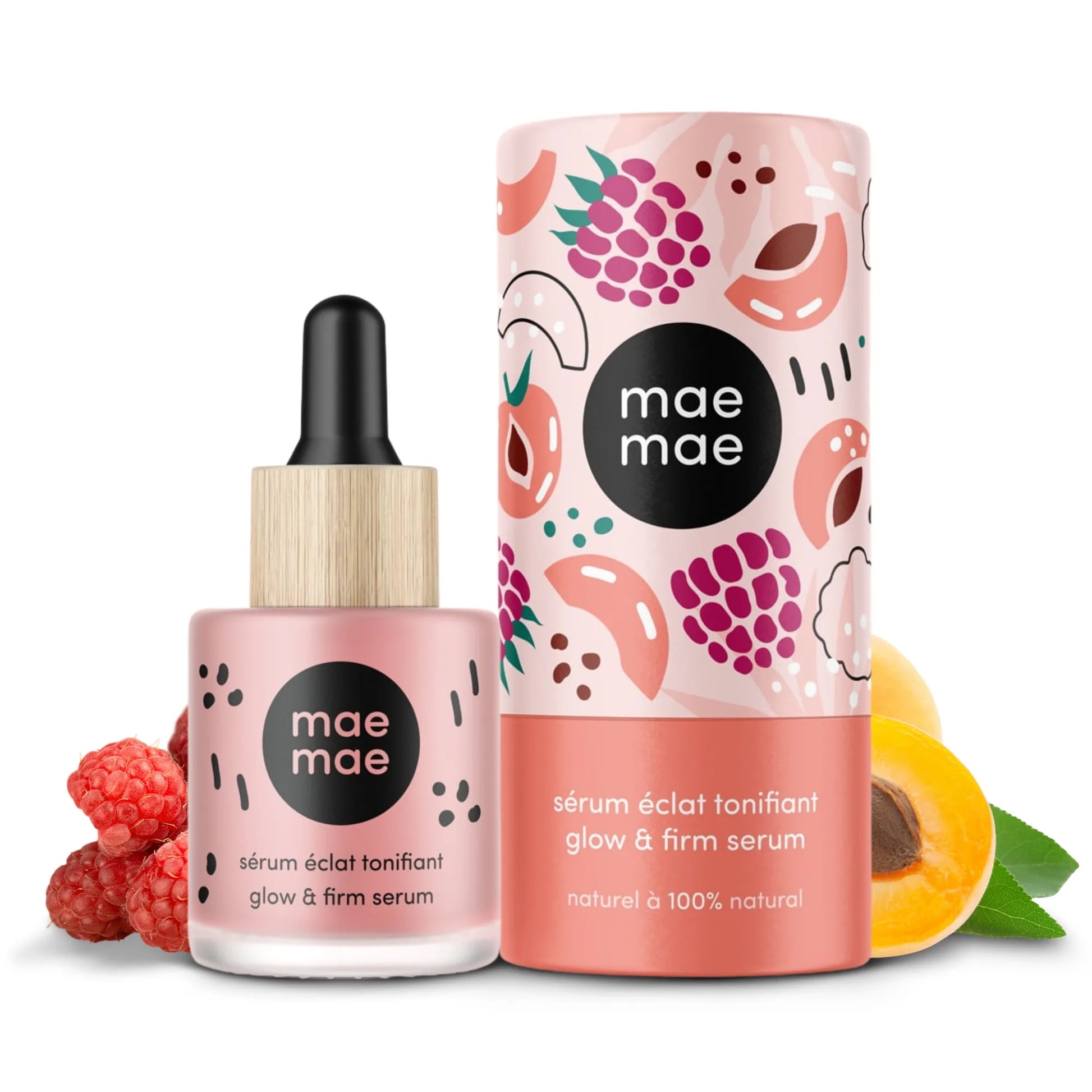 Sérum éclat tonifiant abricot et framboise mae mae sur fond blanc avec fruits frais