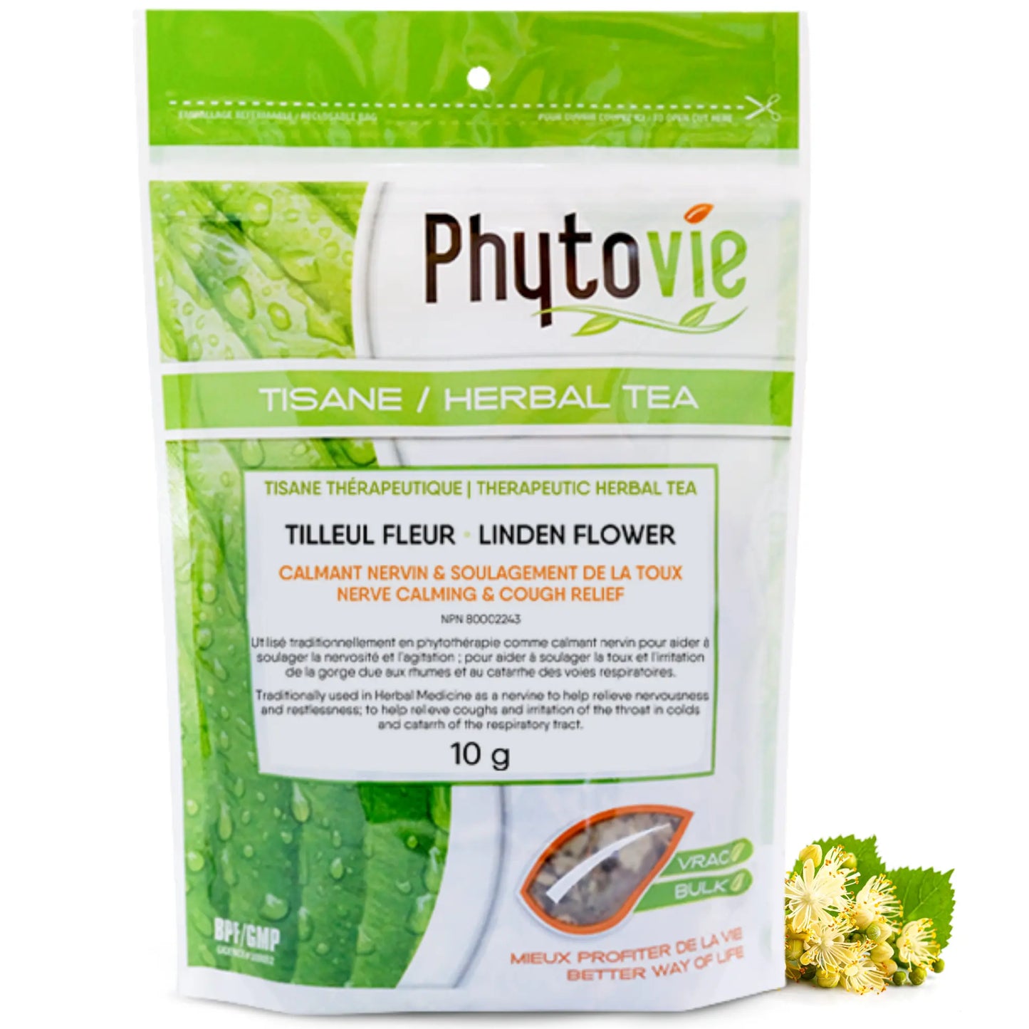 Tisane thérapeutique tilleul fleur Phytovie en vrac, infusion naturelle utilisée pour apaiser la nervosité et soulager la toux