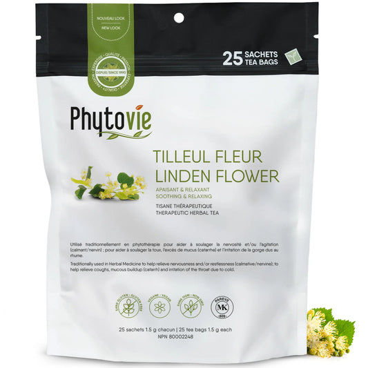 Tisane thérapeutique tilleul fleur Phytovie 25 sachets, infusion apaisante pour la nervosité, la toux et les voies respiratoires