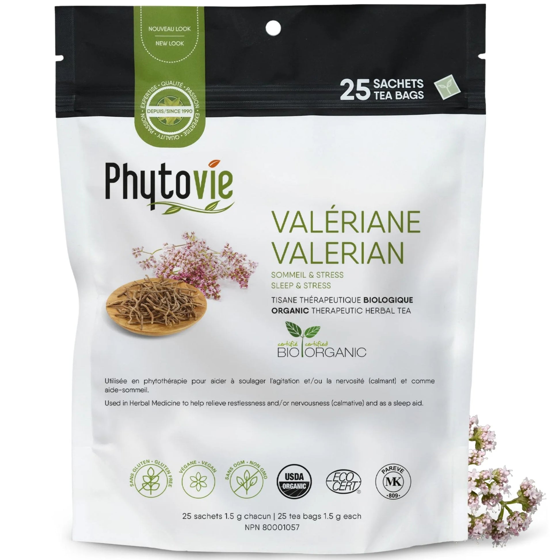 Tisane de valériane en 25 sachets sur fond blanc avec racine de valériane, plante naturelle reconnue pour favoriser le sommeil et calmer le système nerveux