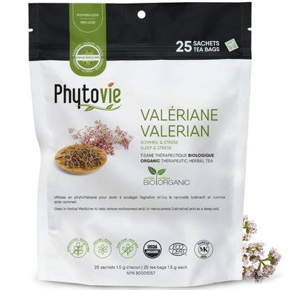 Tisane de valériane en 25 sachets sur fond blanc avec racine de valériane, plante naturelle reconnue pour favoriser le sommeil et calmer le système nerveux