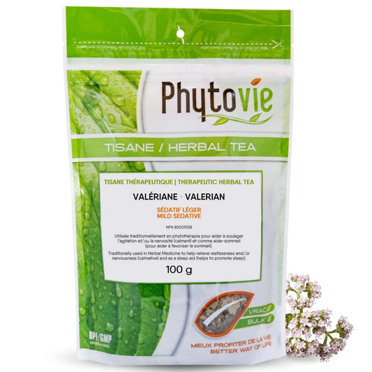 Tisane de valériane en vrac sur fond blanc avec racine de valériane, plante naturelle reconnue pour favoriser le sommeil et calmer le système nerveux