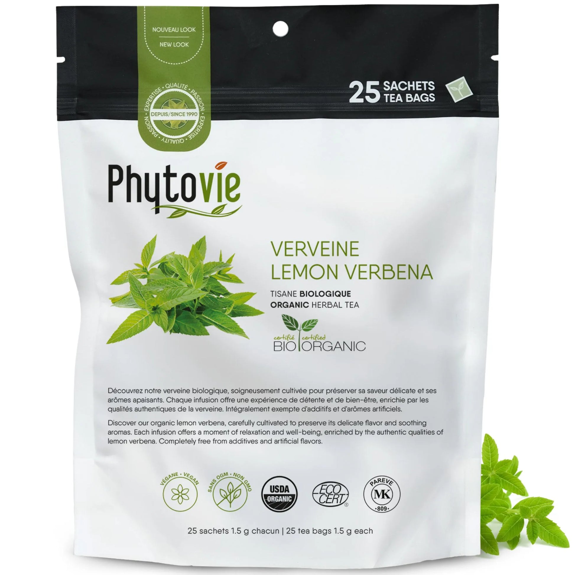 Tisane de verveine odorante en 25 sachets sur fond blanc avec feuilles de verveine citronnée, infusion naturelle reconnue pour ses propriétés apaisantes et rafraîchissantes
