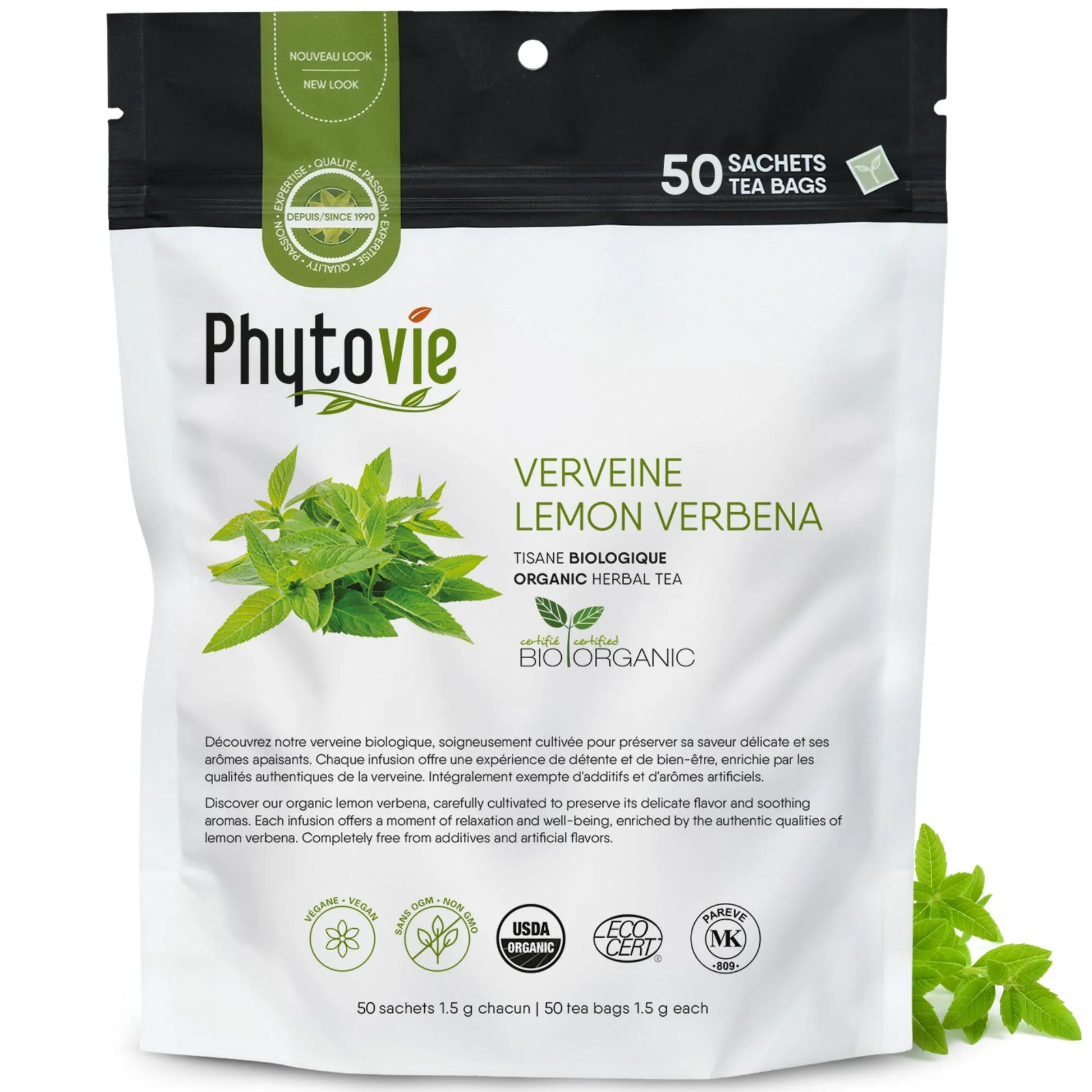 Tisane de verveine odorante en 50  sachets sur fond blanc avec feuilles de verveine citronnée, infusion naturelle reconnue pour ses propriétés apaisantes et rafraîchissantes