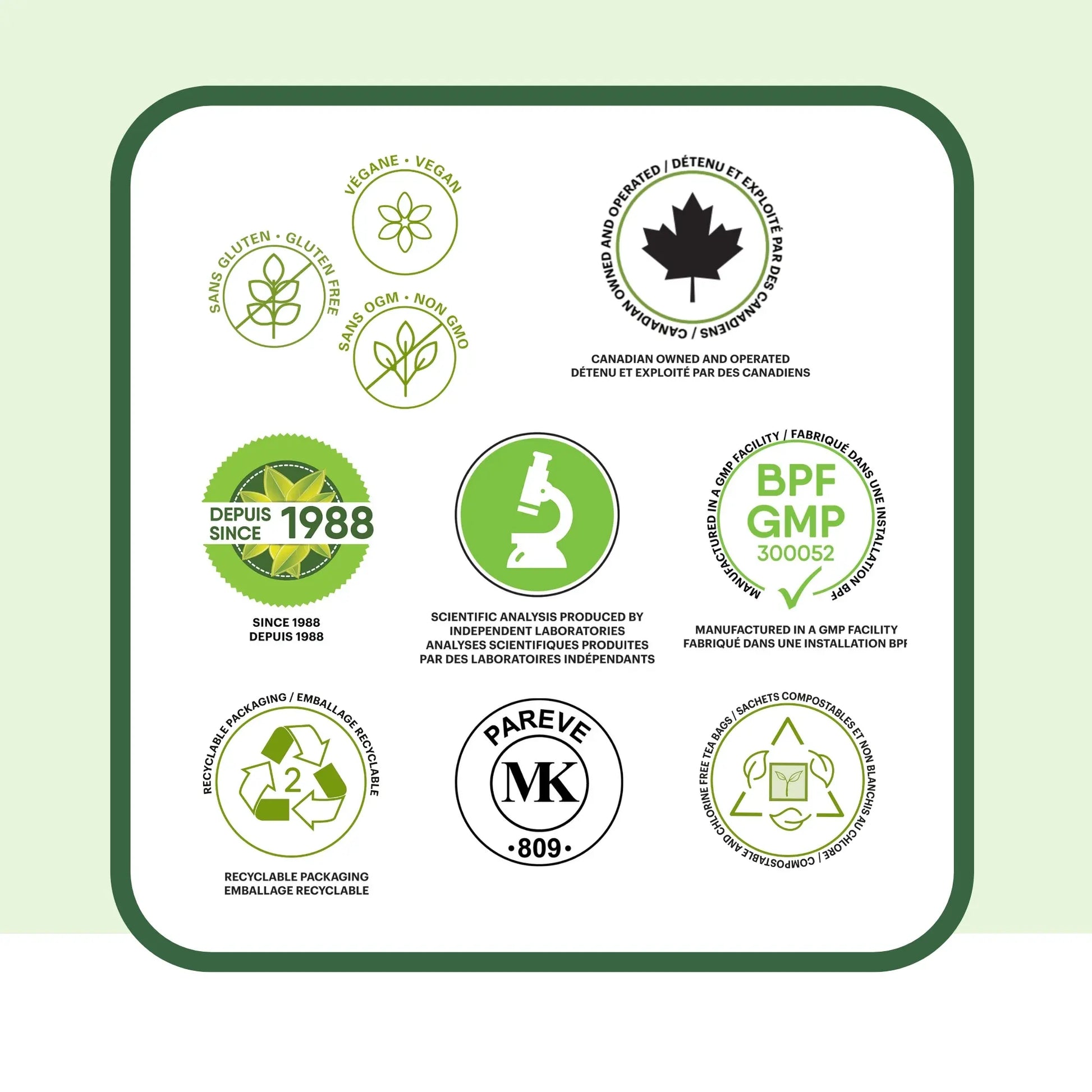 Badges et certifications Phytovie pour la tisane de molène : fabriqué au Canada, approuvé par Santé Canada (NPN), installation certifiée BPF/GMP, analyses scientifiques indépendantes, emballage recyclable, sans gluten, sans OGM et végane.
