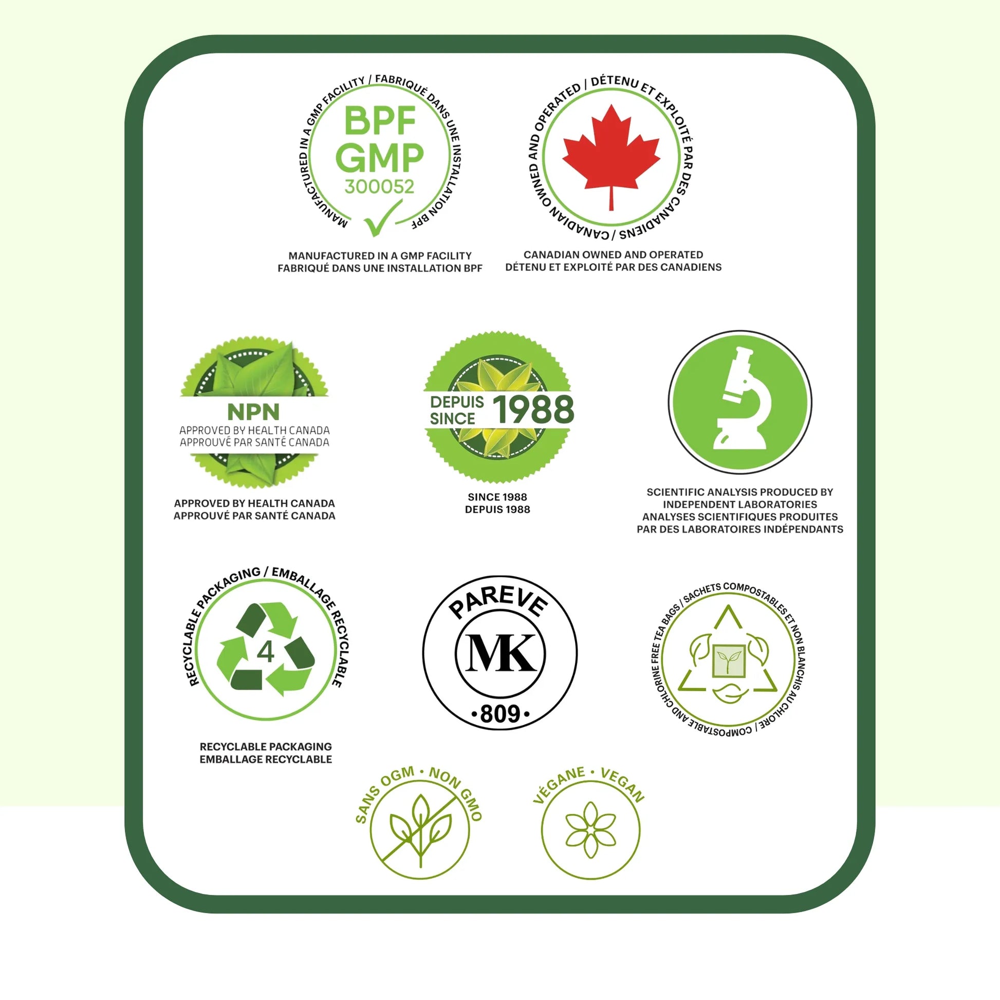 Certifications qualité tisane Élimination incluant GMP, approuvé Santé Canada NPN, fabriqué au Canada, ingrédients naturels et qualité supérieure