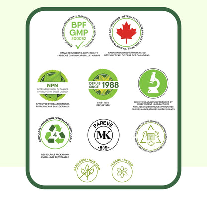 Certifications qualité tisane Élimination incluant GMP, approuvé Santé Canada NPN, fabriqué au Canada, ingrédients naturels et qualité supérieure
