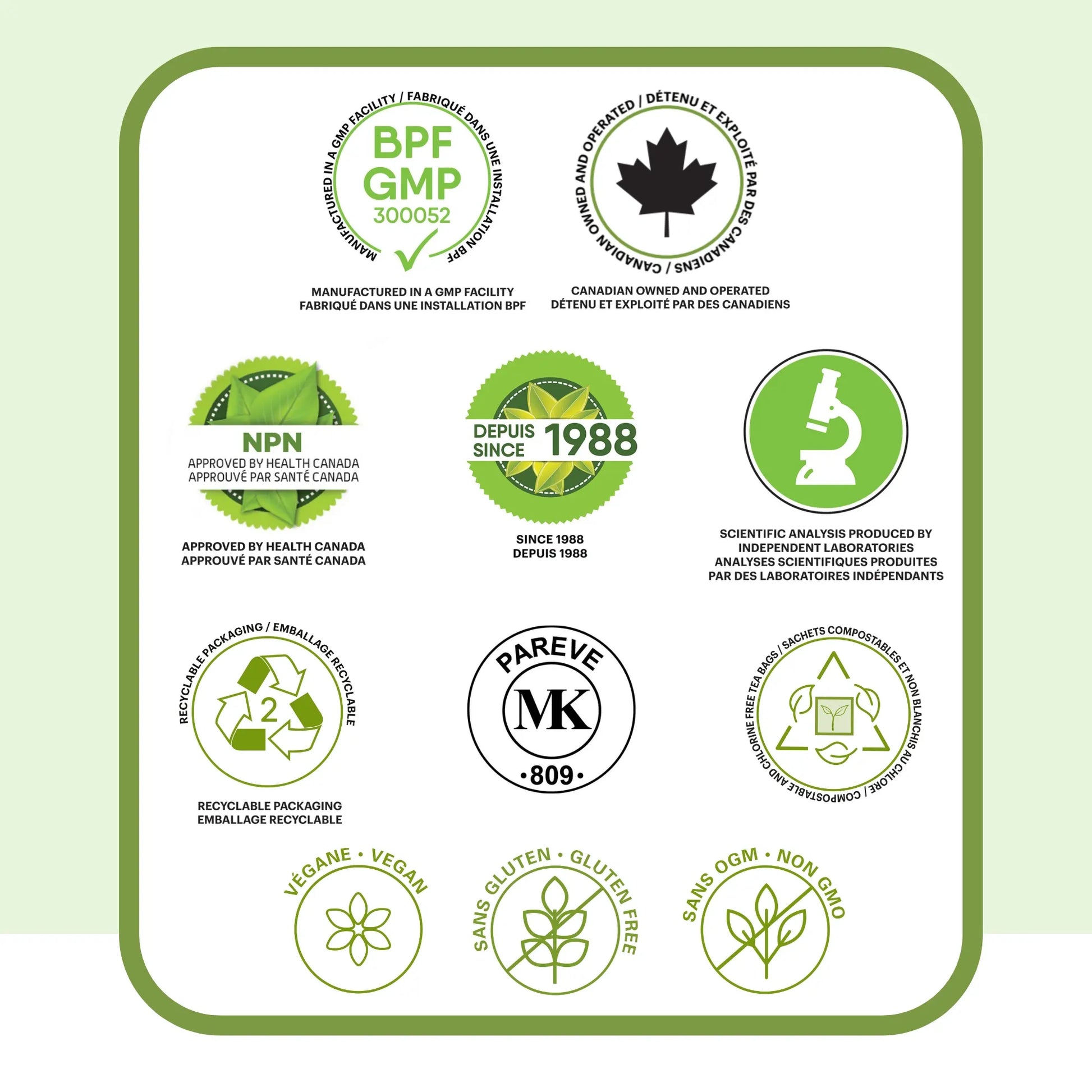 Badges et certifications Phytovie pour la tisane de prêle : fabriqué au Canada, approuvé par Santé Canada (NPN), installation certifiée BPF/GMP, analyses scientifiques indépendantes, emballage recyclable, sans gluten, sans OGM et végane.