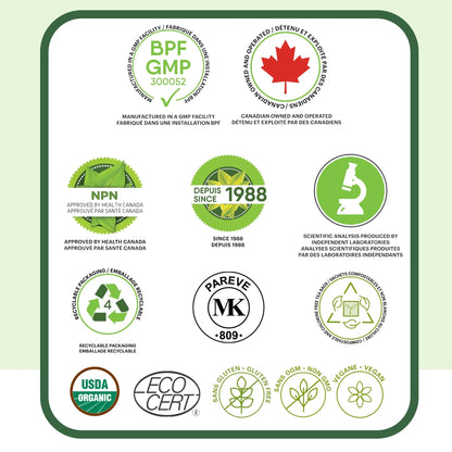 Certifications qualité tisane de thym incluant GMP, approuvé Santé Canada NPN, fabriqué au Canada, bio, végan, sans gluten et sans OGM