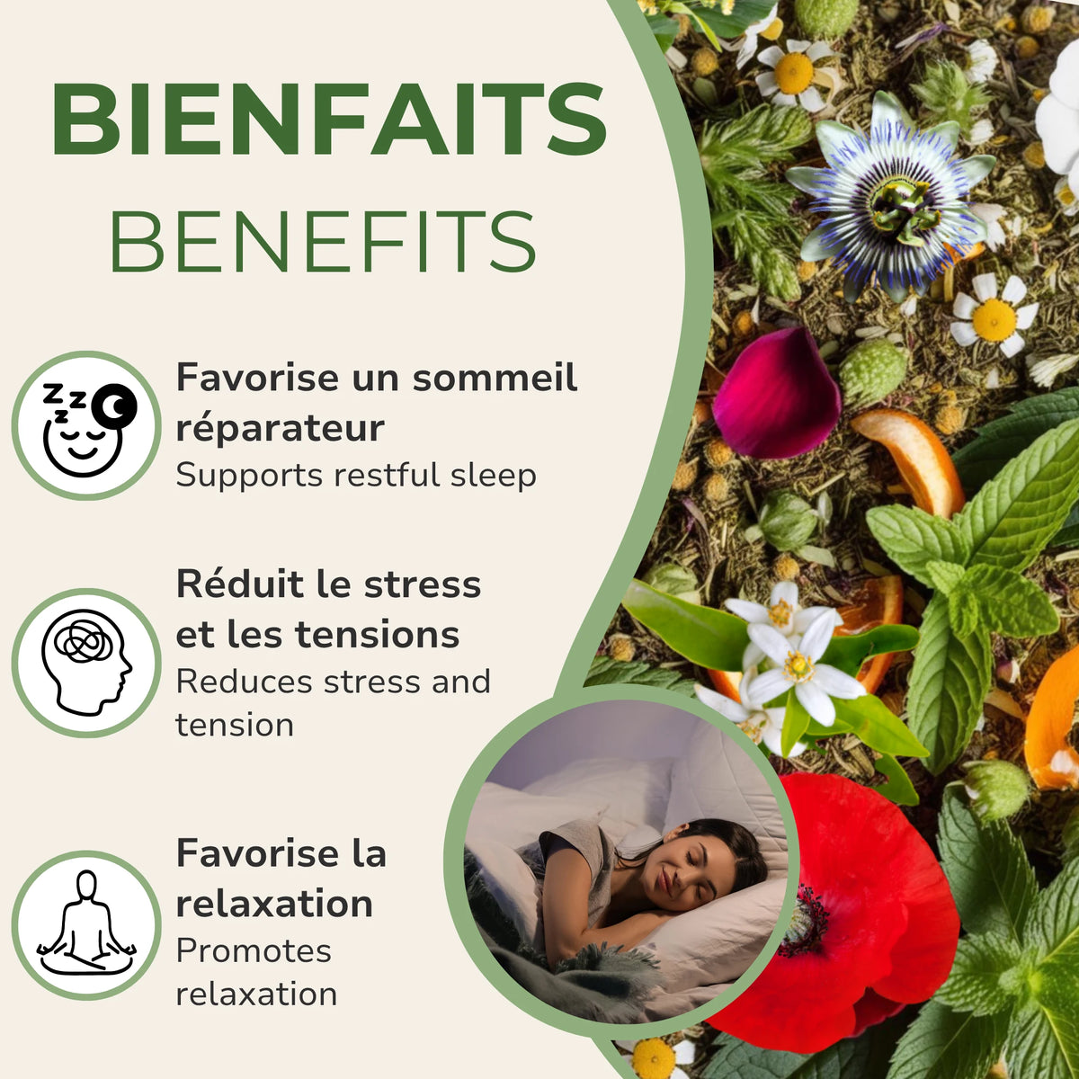 Bienfaits de la tisane Bonne Nuit Phytovie : favorise un sommeil réparateur, réduit le stress, favorise la relaxation