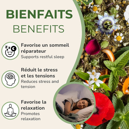Bienfaits de la tisane Bonne Nuit Phytovie : favorise un sommeil réparateur, réduit le stress, favorise la relaxation