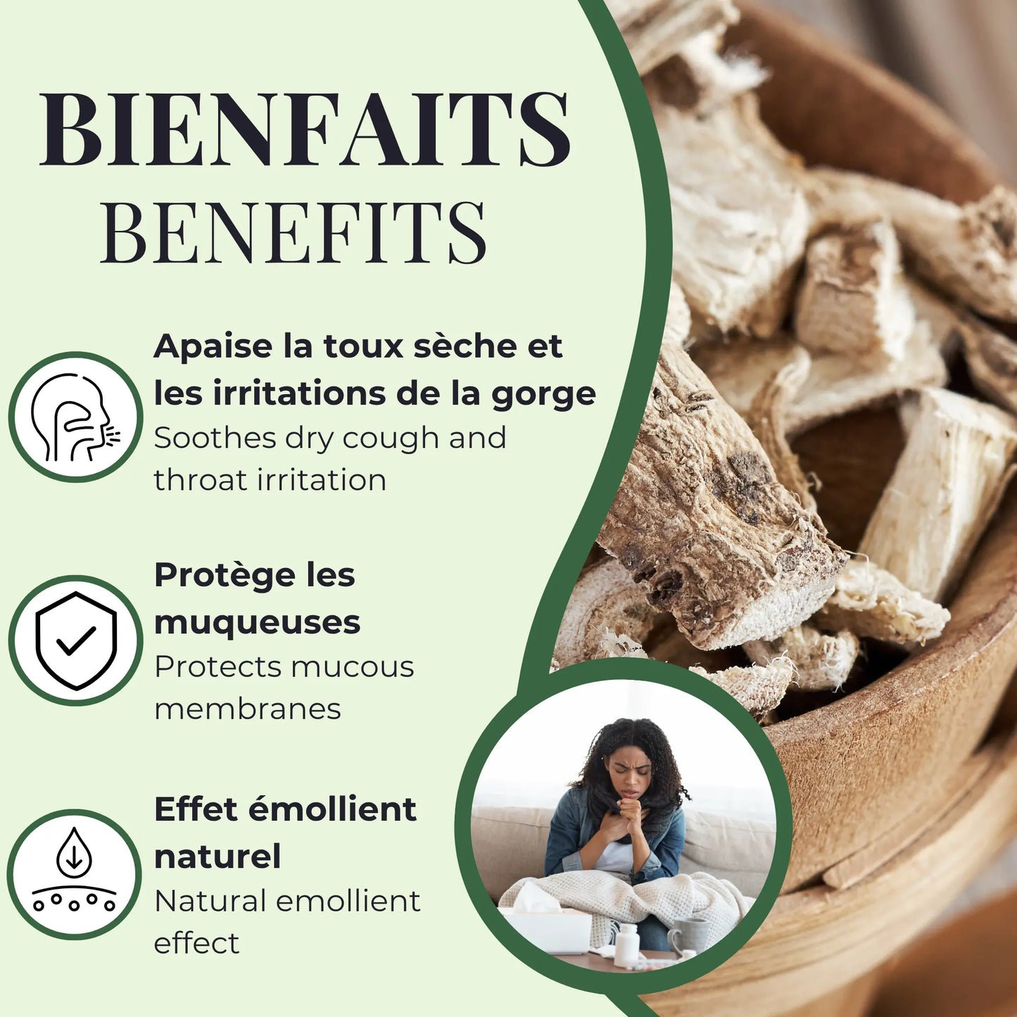 Bienfaits de la guimauve Phytovie, aide à apaiser la toux sèche, soulage les irritations de la gorge et protège les muqueuses