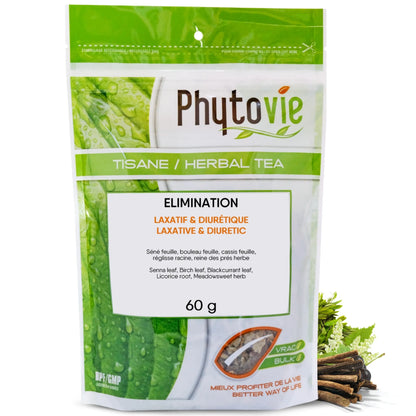 Tisane Élimination en vrac sur fond blanc avec plantes naturelles, infusion reconnue pour favoriser l’élimination, la détox et le confort digestif
