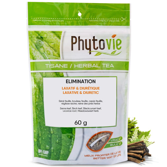 Tisane Élimination en vrac sur fond blanc avec plantes naturelles, infusion reconnue pour favoriser l’élimination, la détox et le confort digestif