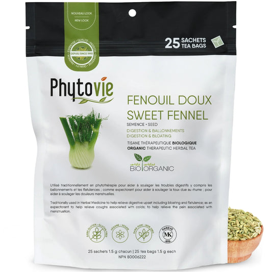 Tisane de fenouil doux en 25 sachets sur fond blanc avec fenouil doux semence à côté, plante naturelle reconnue pour faciliter la digestion et soulager les ballonnements