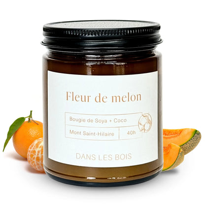 Bougie Fleur de melon 8oz , 40h avec clémentine et cantaloup, parfum fruité frais, ambiance estivale naturelle sur fond blanc épuré.