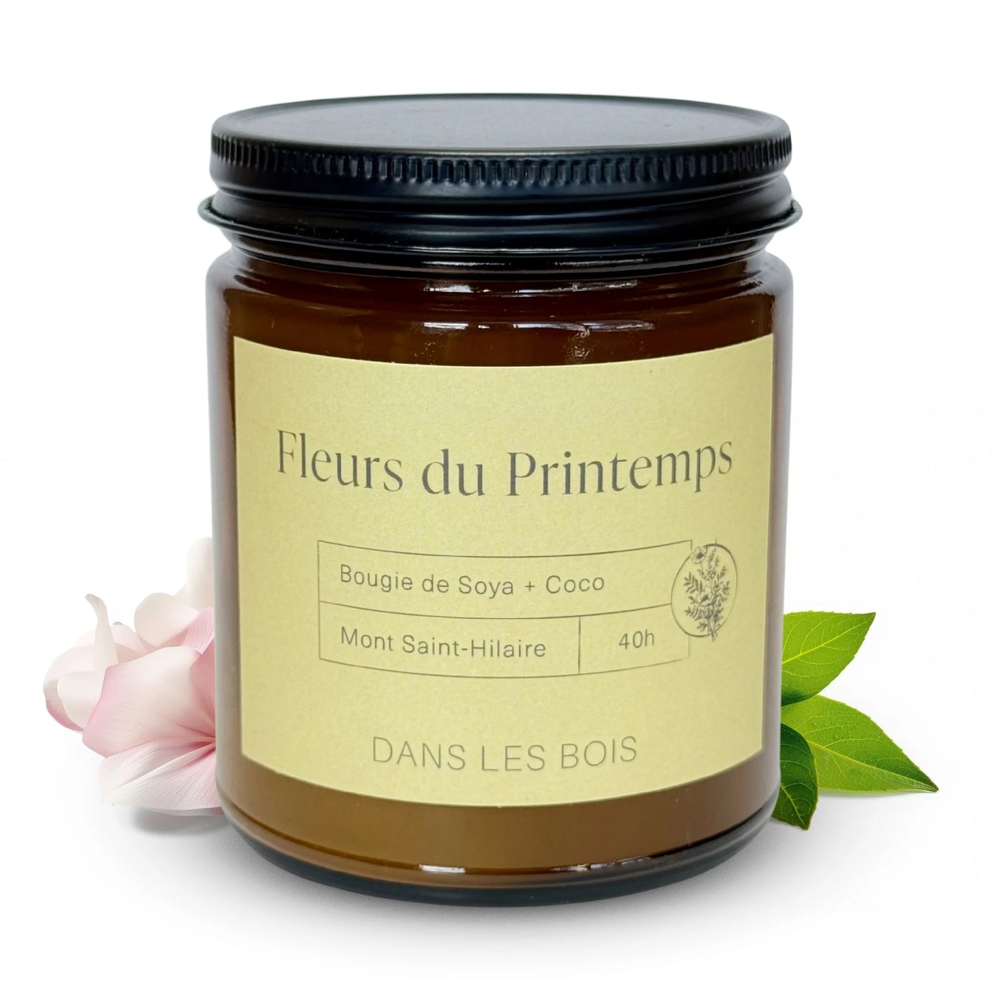 Bougie Fleurs du Printemps 40 h , 8 oz avec pétales floraux et feuilles sur fond blanc, parfum doux et délicatement floral