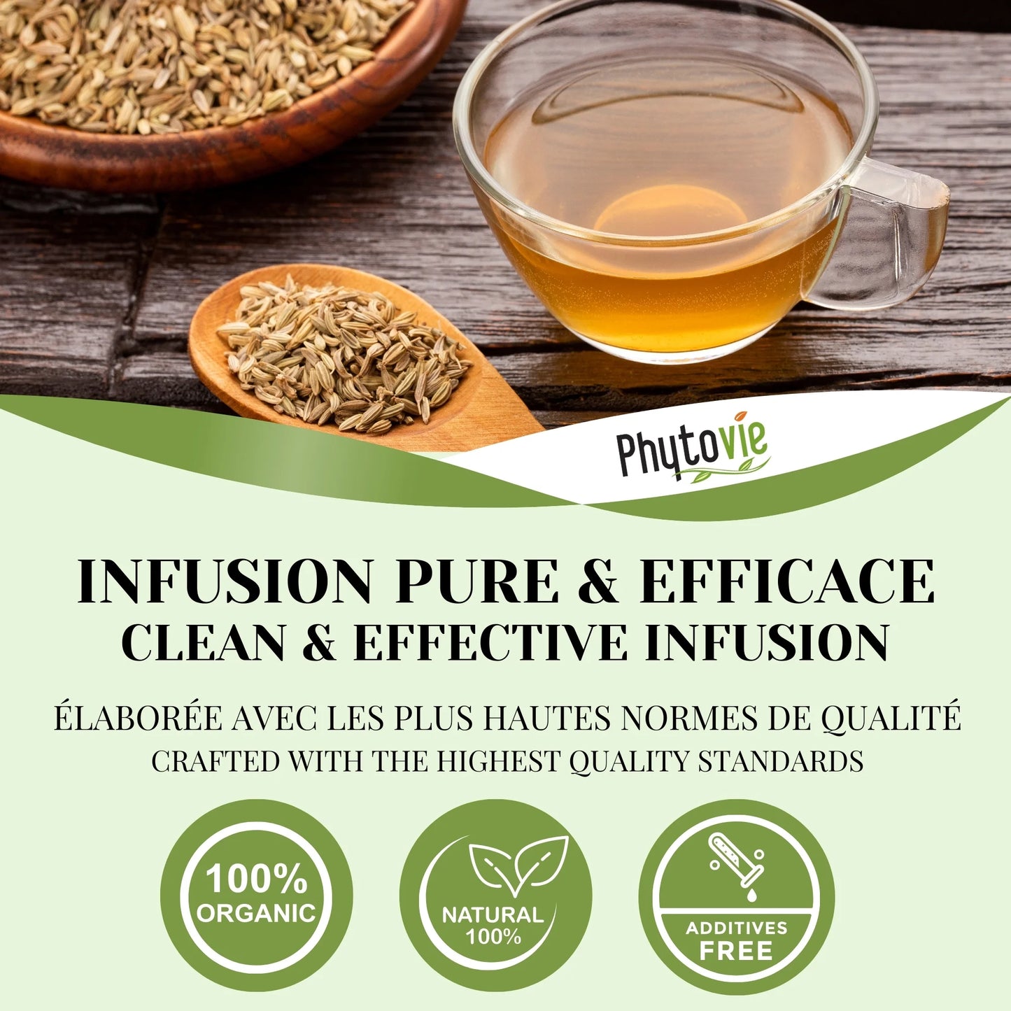 Tasse de tisane de fenouil doux avec graines illustrant une infusion naturelle, douce et efficace, 100% biologique sans additifs et de qualité supérieure