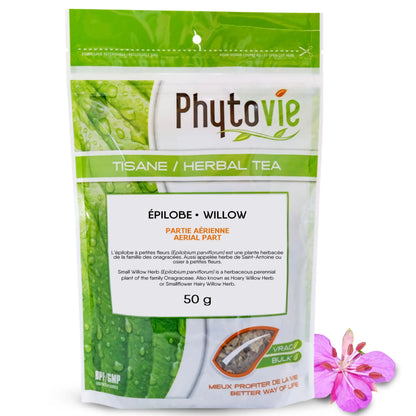 Tisane d’épilobe à petites fleurs  Phytovie en vrac, présentée sur fond blanc, infusion naturelle douce et prête à l’emploi