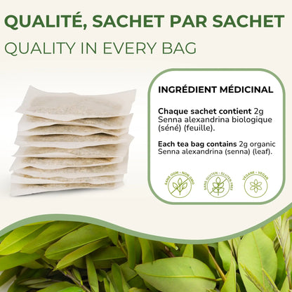 Sachets de tisane Séné BIO Phytovie empilés, ingrédient médicinal Senna alexandrina biologique