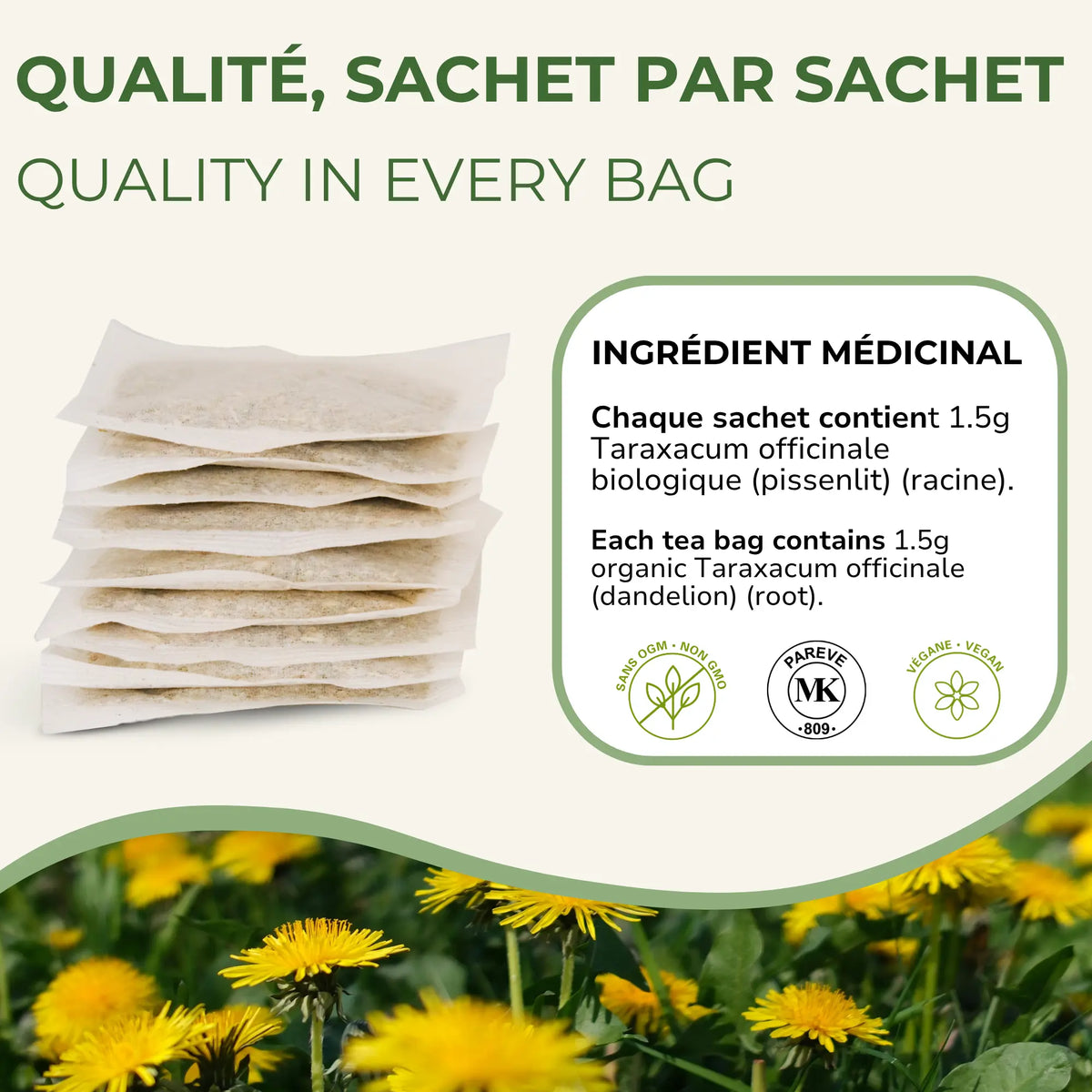 Pile de sachets de tisane; encadré ingrédient médicinal et badges sans OGM, végane, pareve