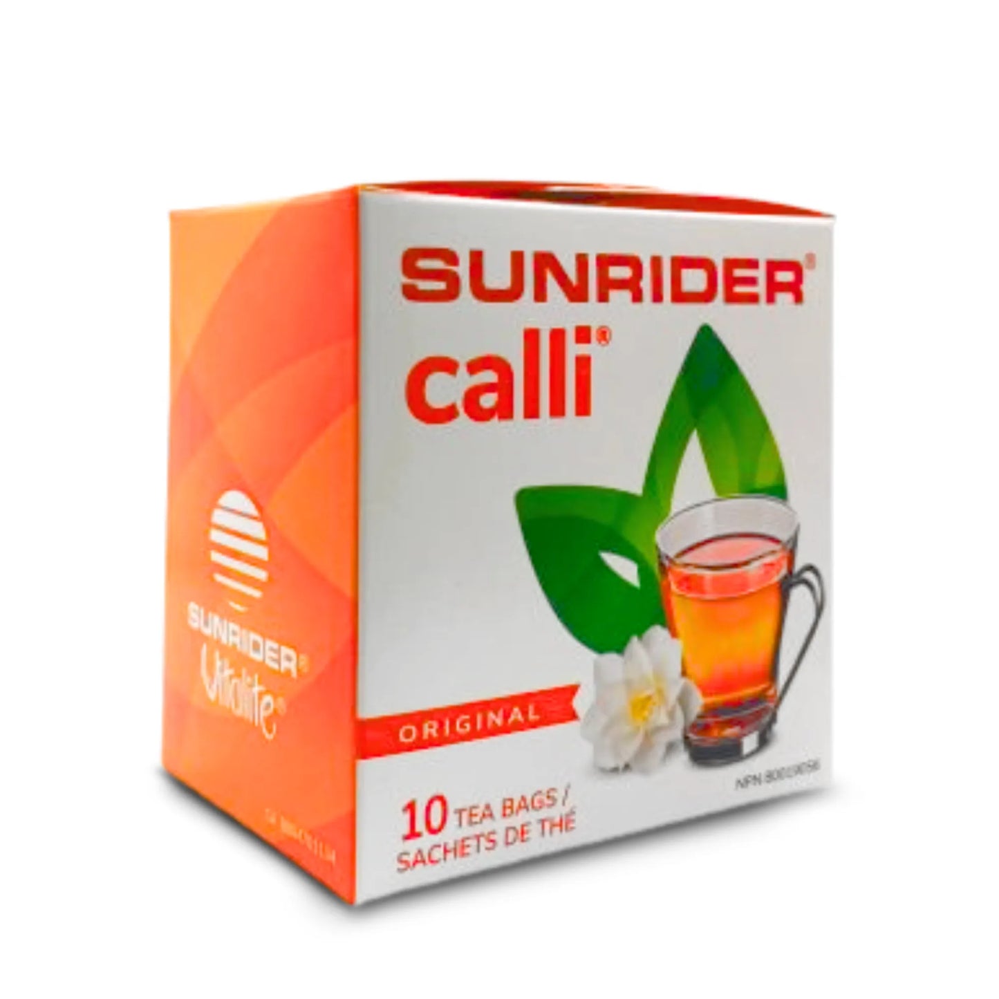 Thé Calli Sunrider en sachets sur fond blanc, infusion naturelle en 10 sachets 
