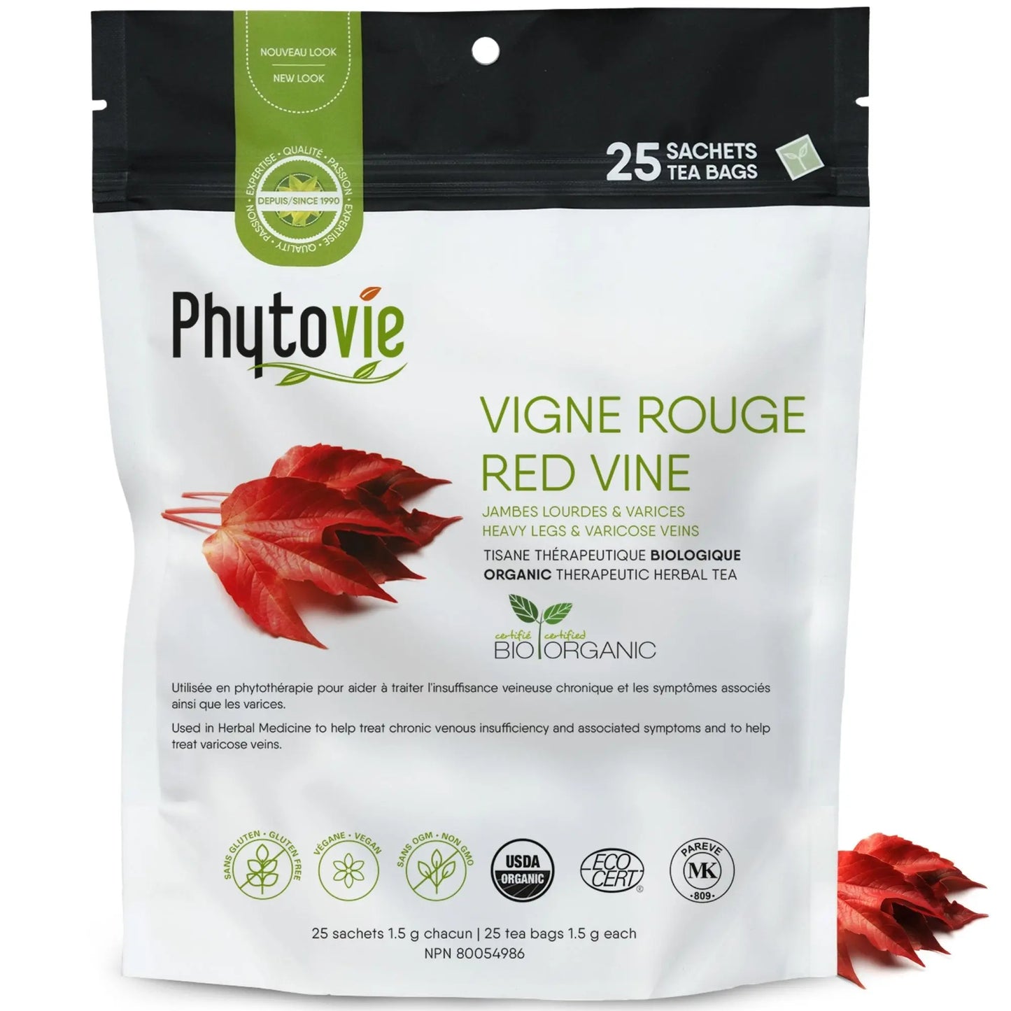 Sac Phytovie de tisane thérapeutique biologique de vigne rouge contenant 25 sachets, plante reconnue pour favoriser une meilleure circulation sanguine et apaiser les varices.